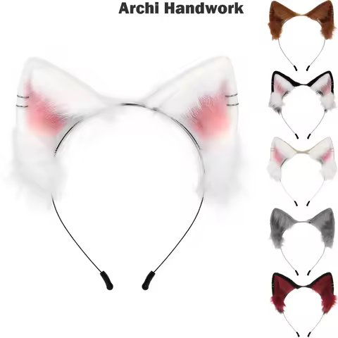 Archi Handwork Lolita Cat Ears Fluffy Headband Anime Maid Girl Headwear Hairhoop Orc Fursuit Cosplay Performance Props