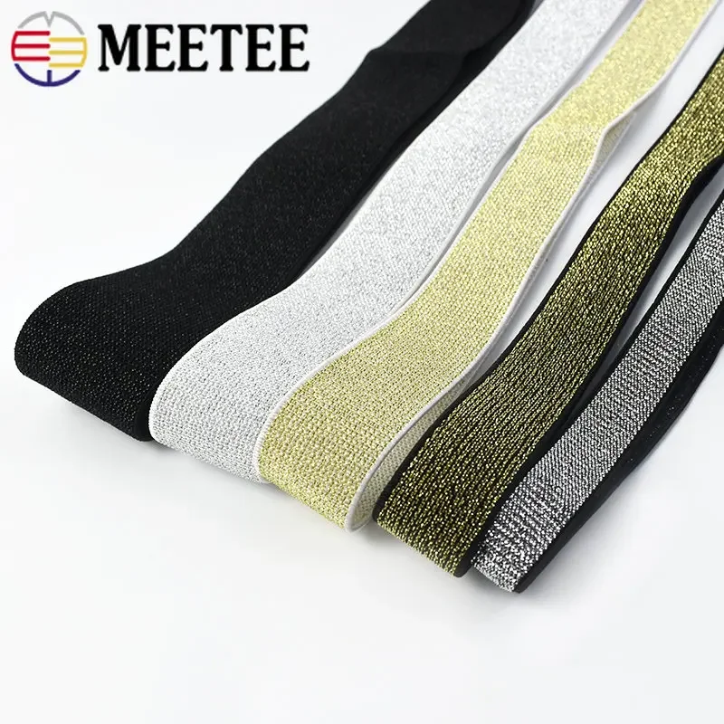 Meetee 3Meters 10-50mm Gold Silver Glitter Elastic Bands Rubber Band Lace Ribbon Trim DIY Garment Trousers Belt Sewing Accessory