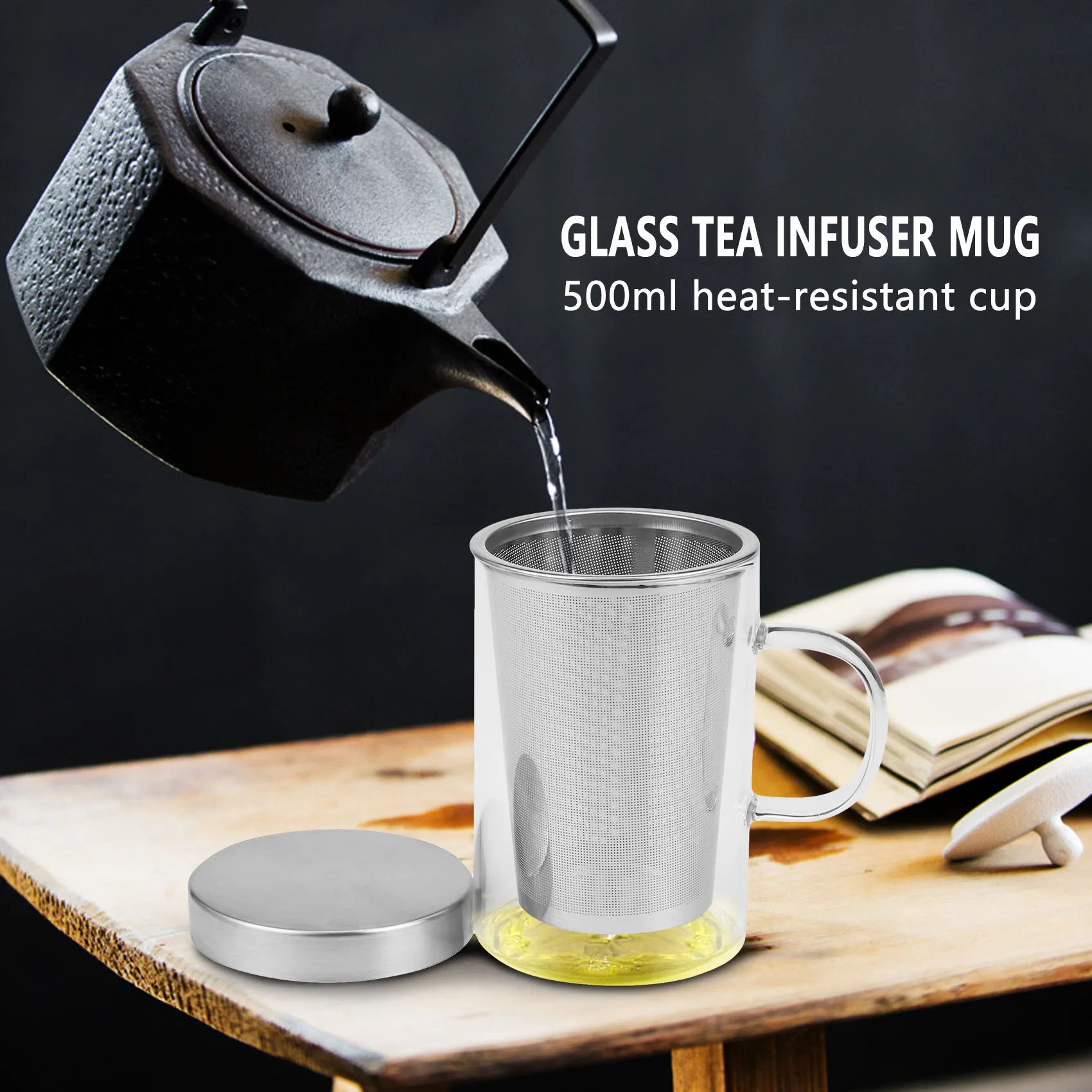 500Ml Travel Heat- Glass Tea Infuser Mug with Stainless Steel Lid Coffee Cup Tumbler Kitchen Heat- Large