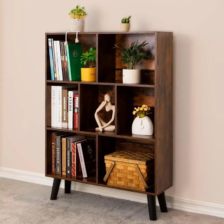 

Cube Bookshelf 3 Tier Mid-Century Rustic Brown Modern Bookcase with Legs Retro Wood Bookshelves Storage Organizer Shelf