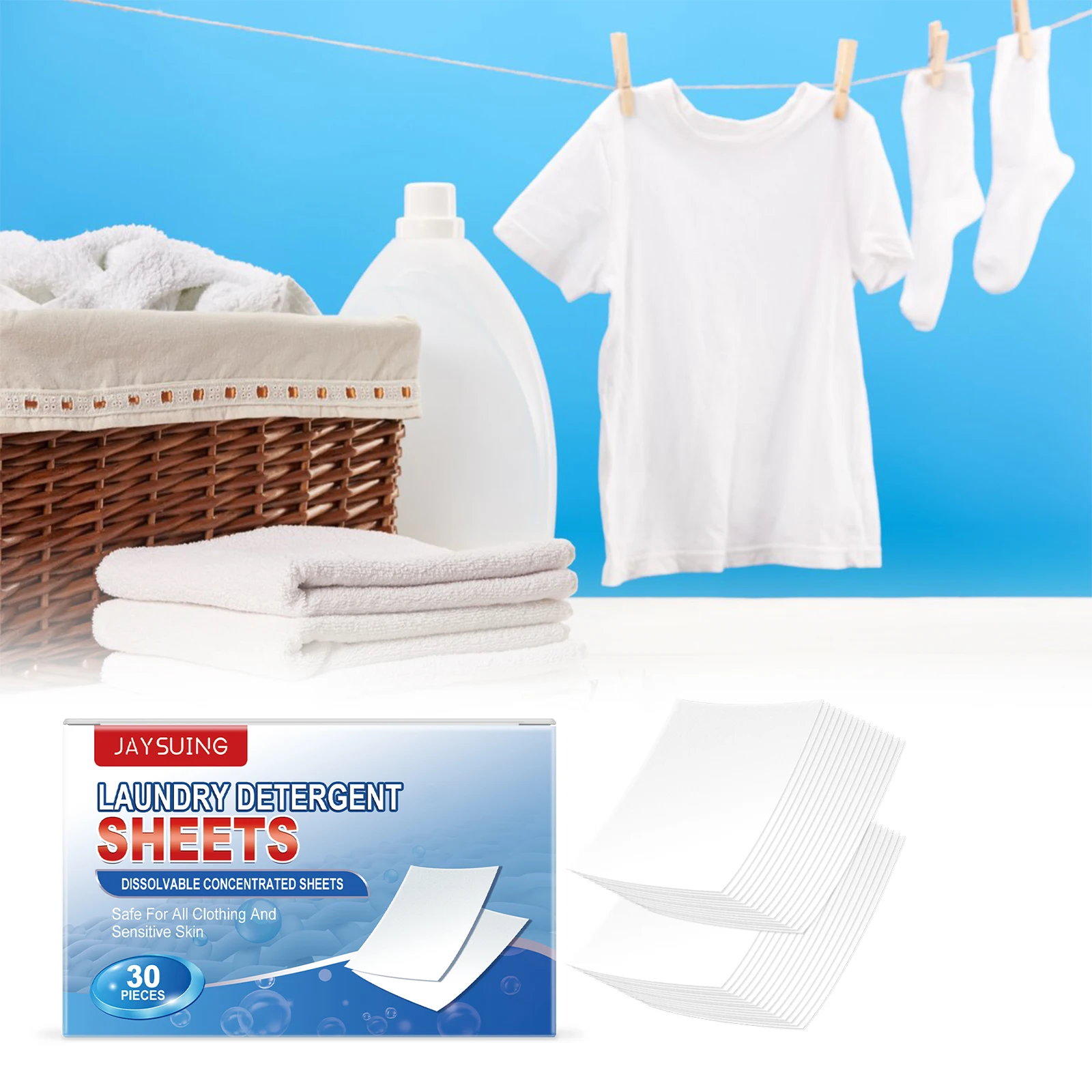 

JAYSUING Laundry Detergent Sheets 30pcs/box Powerful Removes Stubborn Stains Laundry Tablets Clothing Strong Cleaning Sheets