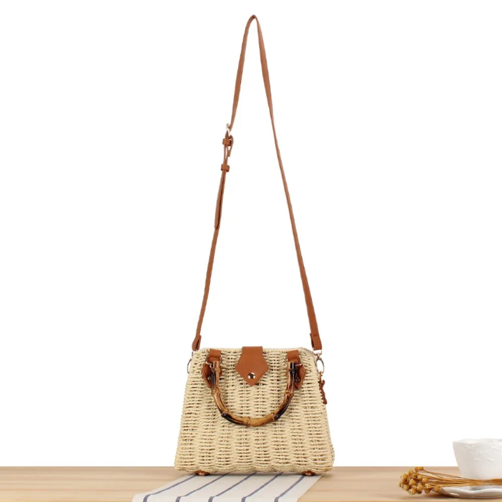 Elegant Vintage Bamboo Handle Rattan Straw Woven Bag Bohemian Crossbody Bag Outing Sling Bag Shoulder Bag