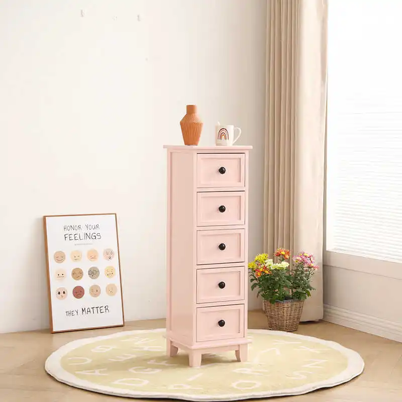 Modern Slim Dresser for Tight Spaces Multilayer Drawer Storage Cabinet with Wide Display Top Rounded Corners Solid Wood Bedroom
