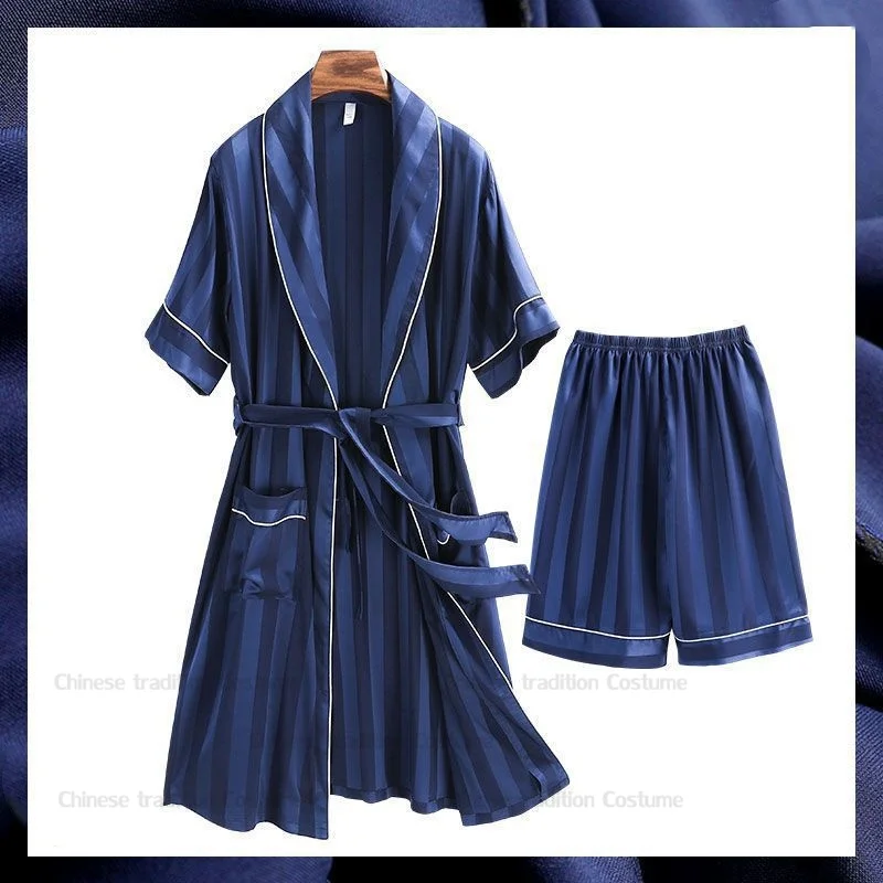 Navy Blue Sleepwear Men Satin Robe Suit Kimono Bathrobe Ice Silk Loungewear Summer New Nightwear Peignoir Homme with Pocket