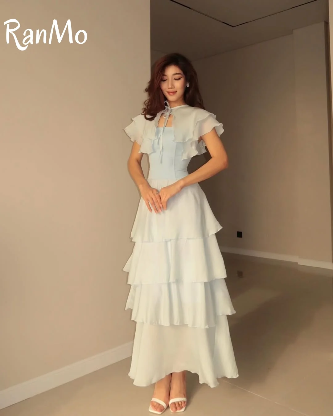 Ranmo 2025 Elegant Baby Blue Chiffon Evening Dresses Saudi Arabic Ankle-Length Layered Pleat Fascinating Prom Gown Customized