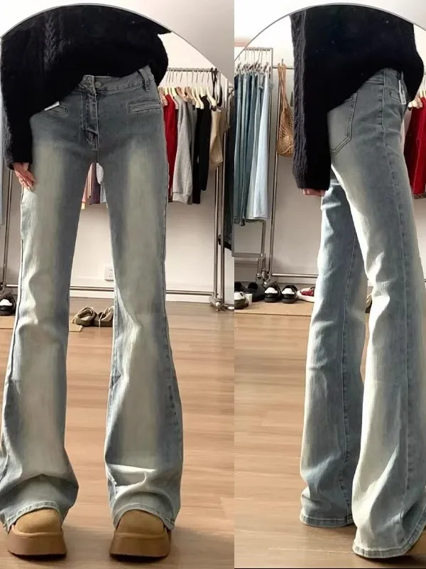 

Retro Light Blue High Waist Slimming Women's Jeans Spring Large Size Design Sense Bootcut Floor-Length Pants