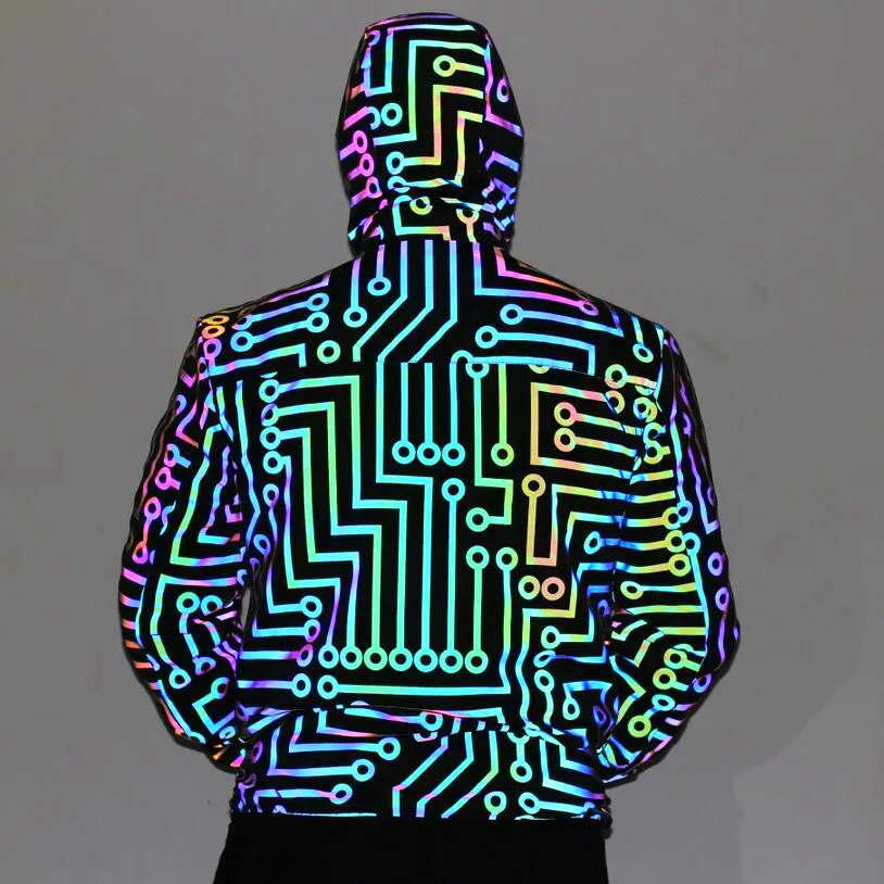 

Circuit Pattern Reflective Jackets for Men Windbreaker Hip Hop Dance Clothes Party DJ Stage Performance Costume Zipper Coat