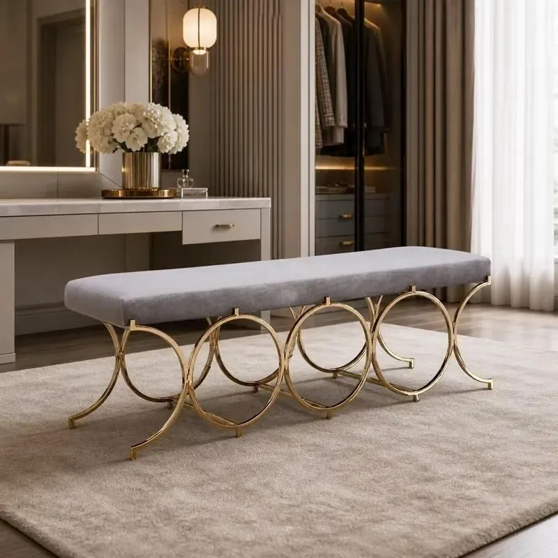 Modern Luxury Stainless Steel Velvet Stool Bench Durable Soft Bedroom Living Room Furniture