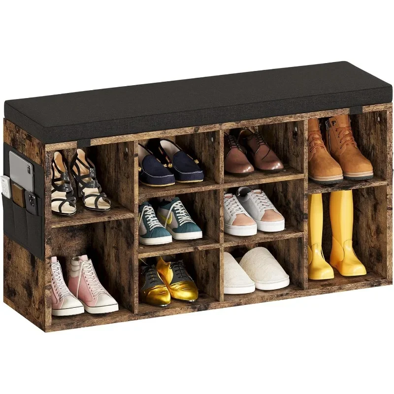 

Shoe Storage Bench with Cushion, Cubby Seat Shoe Cabinet, Small Shoe Rack Bench with 3-Tier Adjustable Shelf for Entryway
