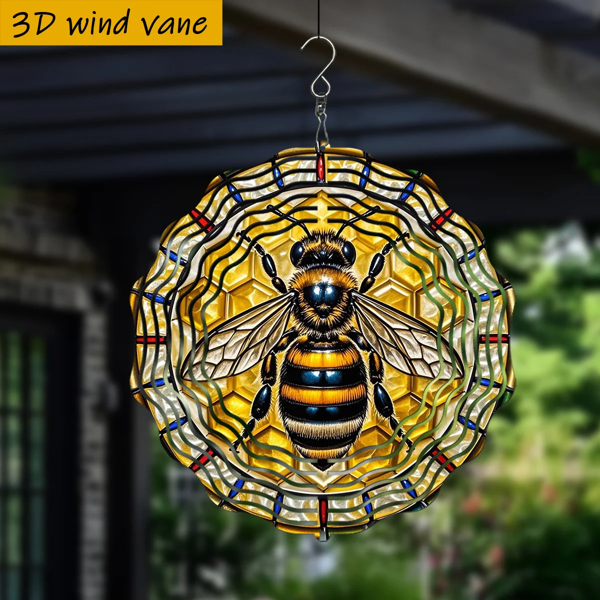 1pc 3D Bee Art Pattern Wind Vane with Rotating Hook, 360° Creative Windmill for Front Porch, Ideal for Christmas, Garden