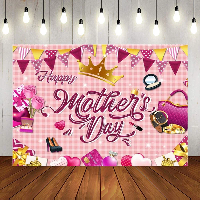 Happy Mother's Day Backdrop Love Heart Pink Photographic Background Decorations Party Photo Love You Mom Photo Banner