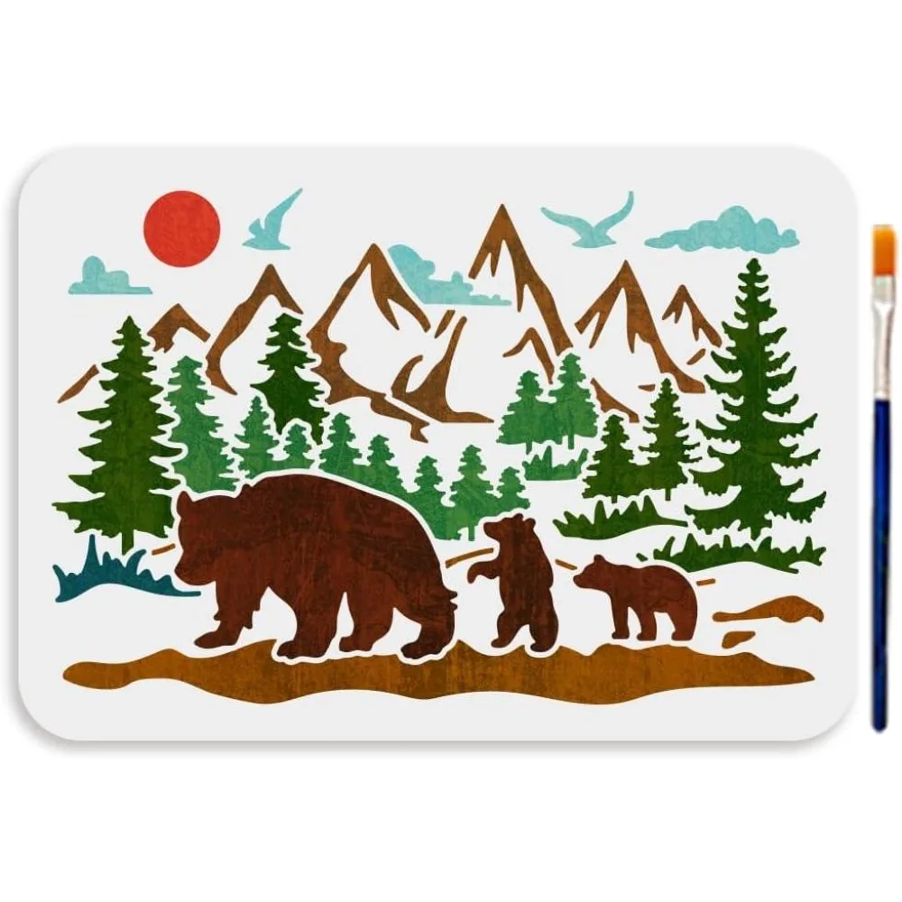 A4 Size Forest Bear Mountain Stencil Bear Family Template with Paint Brush 11.7x8.3inch Reusable Sun Bird Tree Animal Stencil