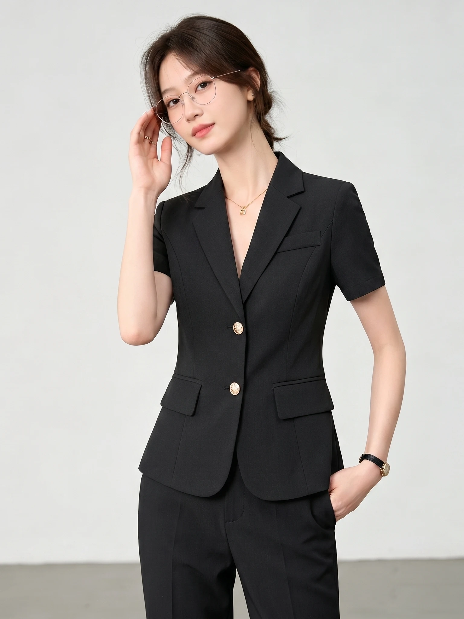 

Black Suit Jacket Women's Summer Thin Workwear Professional Interview Formal Short Sleeve Regular Length Polyester Fiber