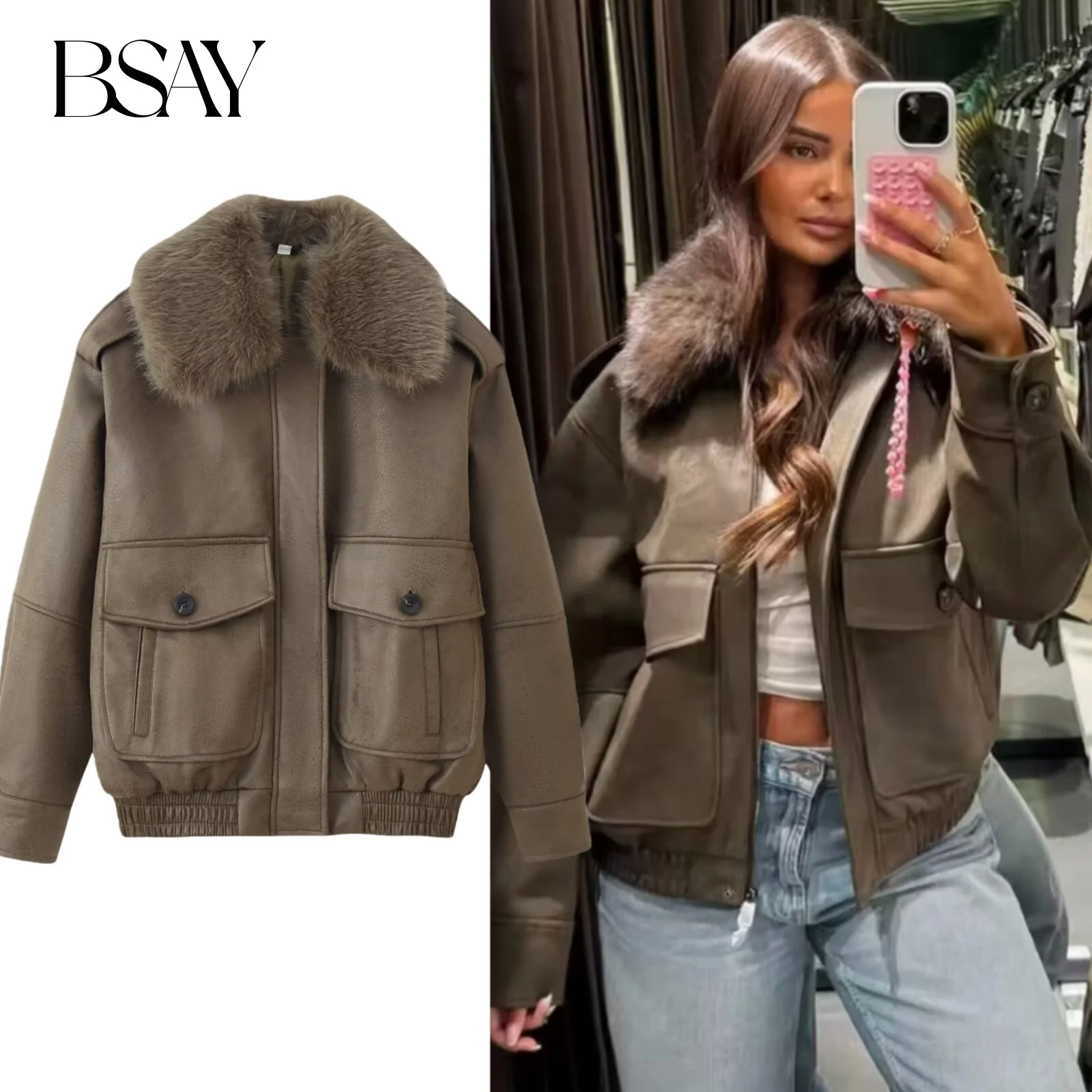 

BSAY women's 2025 winter new fur collar suede leather jacket women's full sleeved lapel zipper pocket jacket warm women's jacket