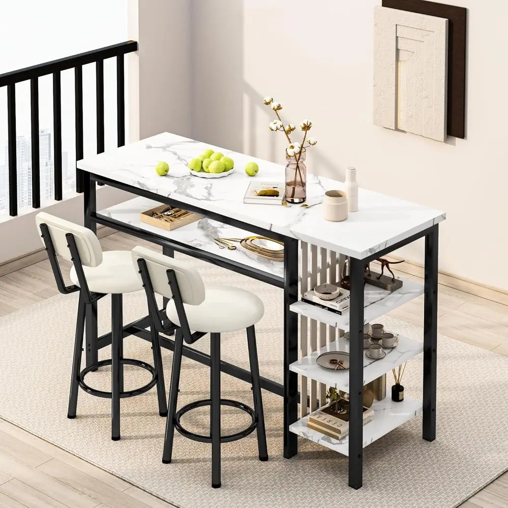 Ensemble de table de bar moderne 3 pièces en faux marbre blanc avec cadre noir et 2 tabourets de bar rembourrés, comprenant des étagères de rangement à 3 niveaux pour