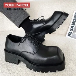 Big upturned square toe niche leather shoes for men Paris thick soles increased soles versatile British Derbies shoe stylist