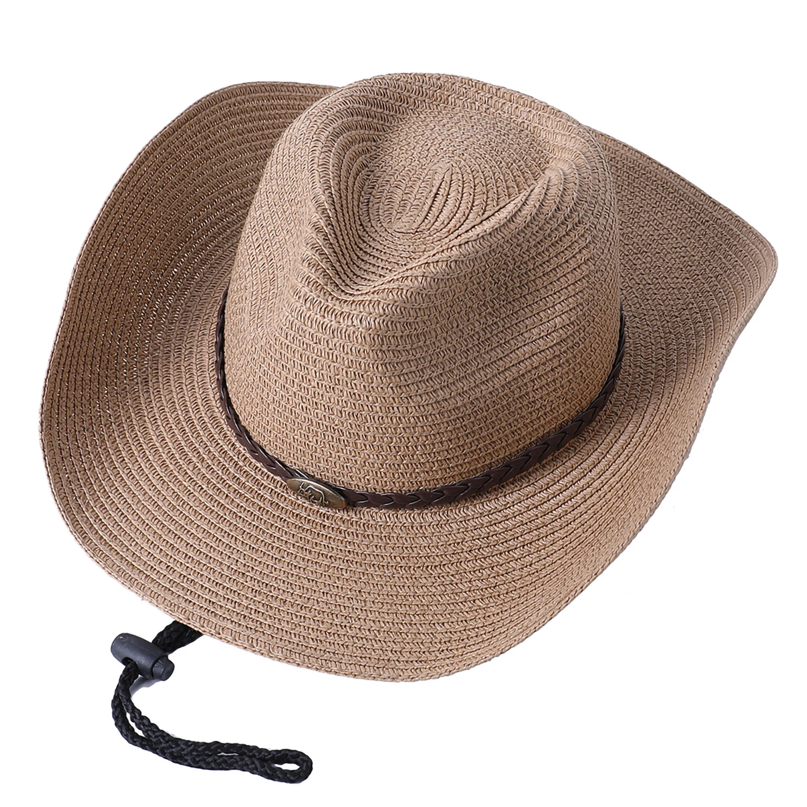 Men Women Straw Hat Western Cowboy Sun Hat Belt Adjustable Shoulder Strap Outdoor Seashore Beach Casual Straw Hat