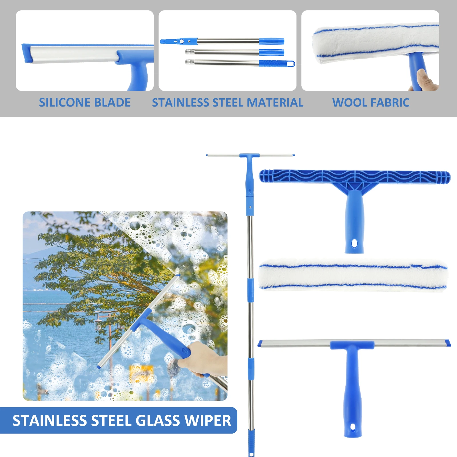 Window Squeegee Cleaner Professional Glass Cleaning Tool Kit Squeegee and Scrubber with 53inch Stainless Steel Pole Removable