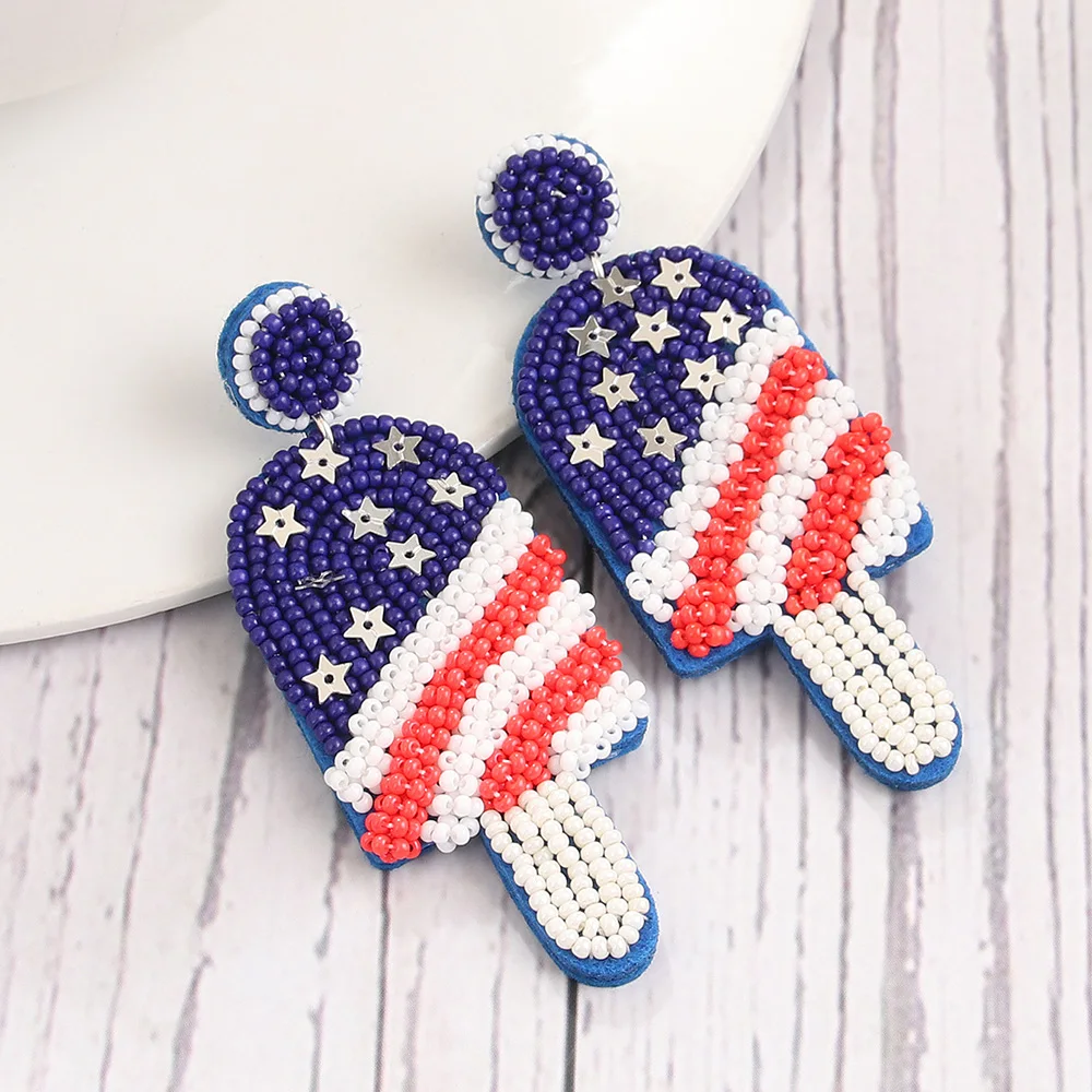 American Independence Day Earrings Bohemian Seed Beaded Love Heart Cactus Popsicle Star Flag Patriotic Earring for Women