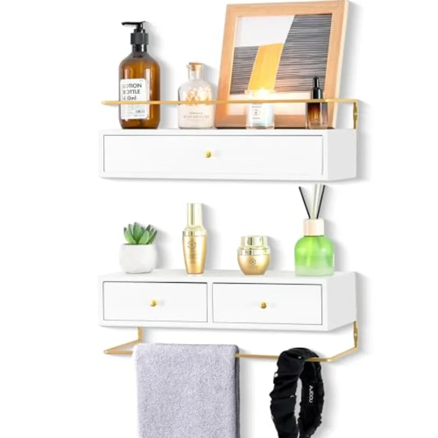 

Floatg Shelves With Drawers Set of 2 - Wall Mounted Storage for Bathroom Livg Room Kitchen - Rustic Wood Wall Decor for Plants