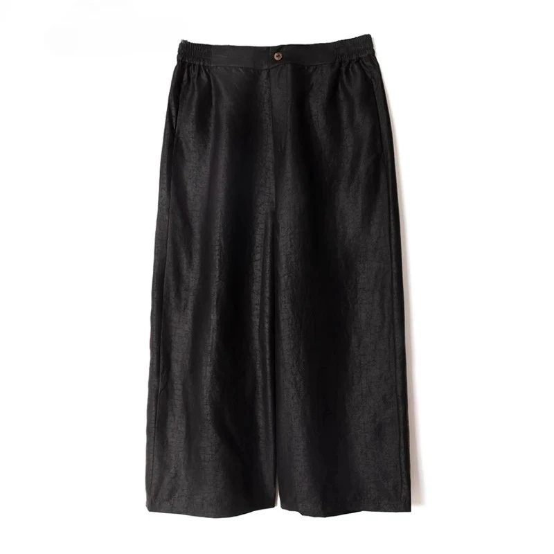 Women's Fashion Autumn Clothing 100% Natural Mulberry Silk Gambiered Guangdong Gauze Black Casual Straight Leg Pants