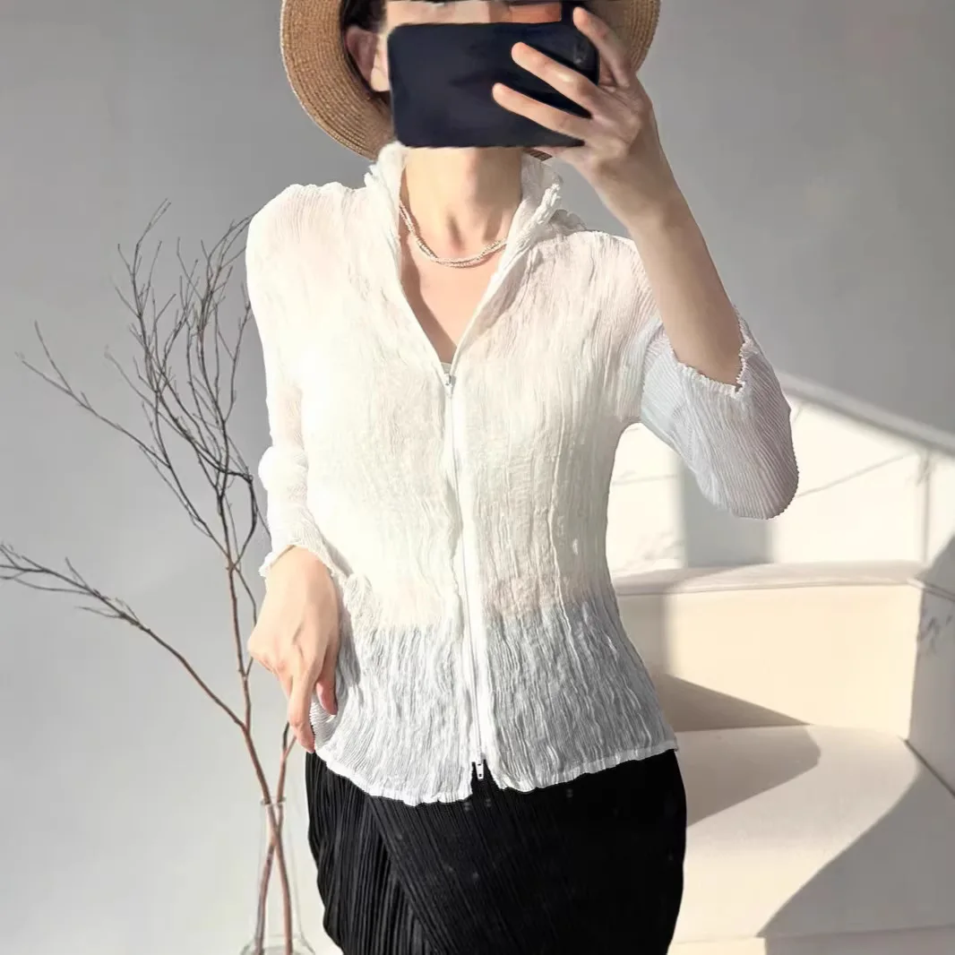 

Плиссированный топ Miyake, весна-лето 2026, новая модная универсальная приталенная модель, повседневный комфортный кардиган с двойной молнией