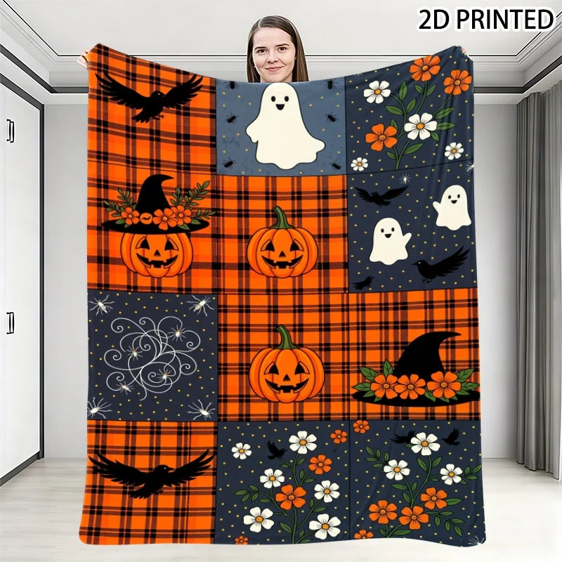 Halloween Spooky Patchwork Print Throw Blanket with Jack-o'-Lantern,, Crow & Witch Hat Elements, Multiple Specifications Availab