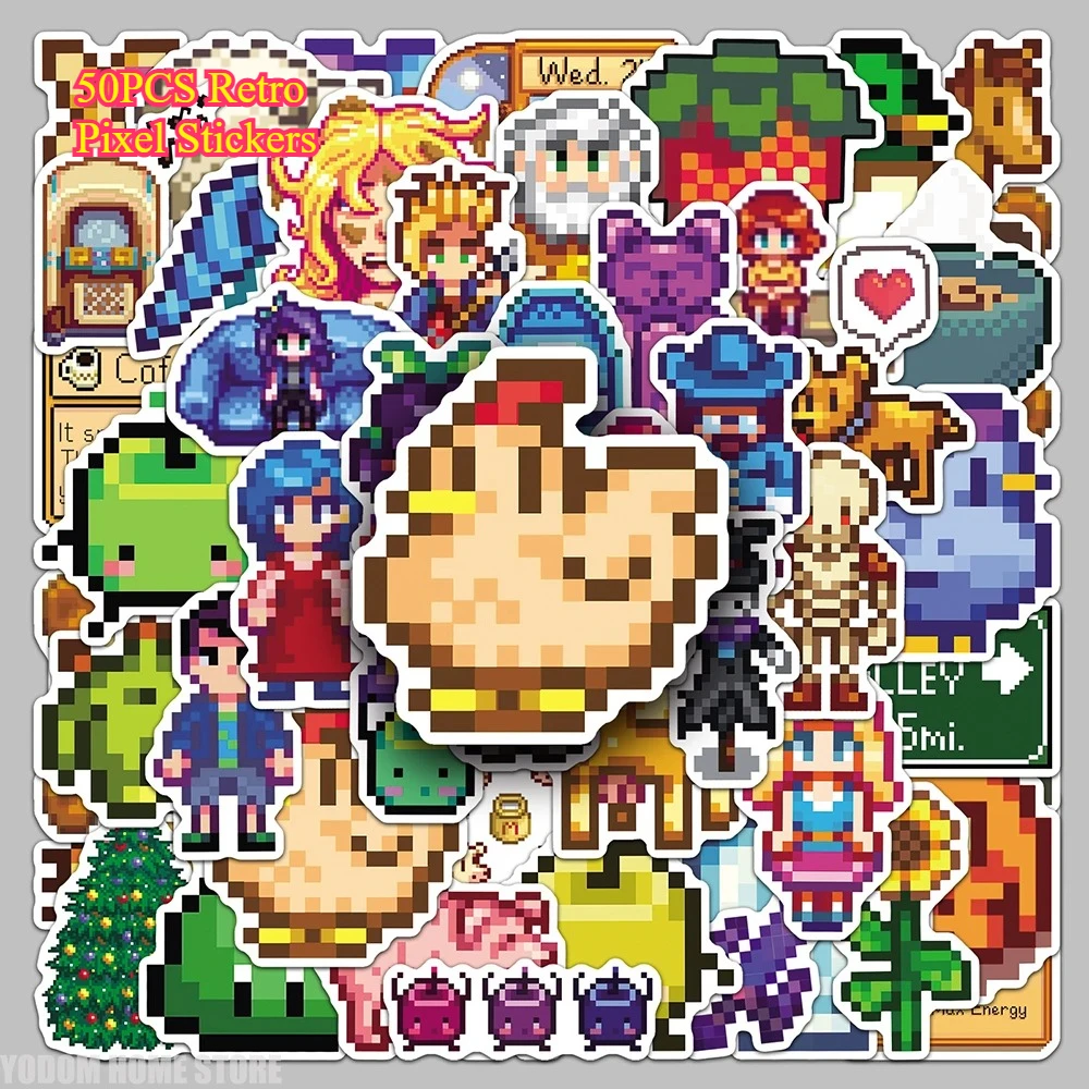 Autocollants Pixel rétro 50 pièces, décalcomanies Graffiti inspirées de Stardew Valley pour bagages, guitares et décoration de chambre d'enfants