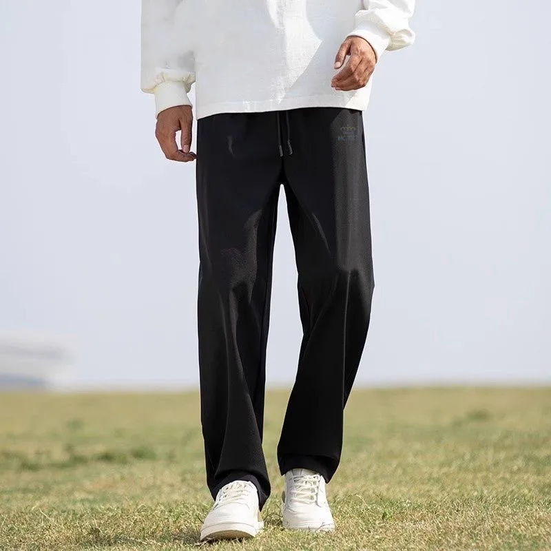 아이스 실크 얇은 바지 남성용 스포츠 루즈 통기성 높은 허리 캐주얼 스트레이트 레그 롱 팬츠 여름 패셔너블 경량