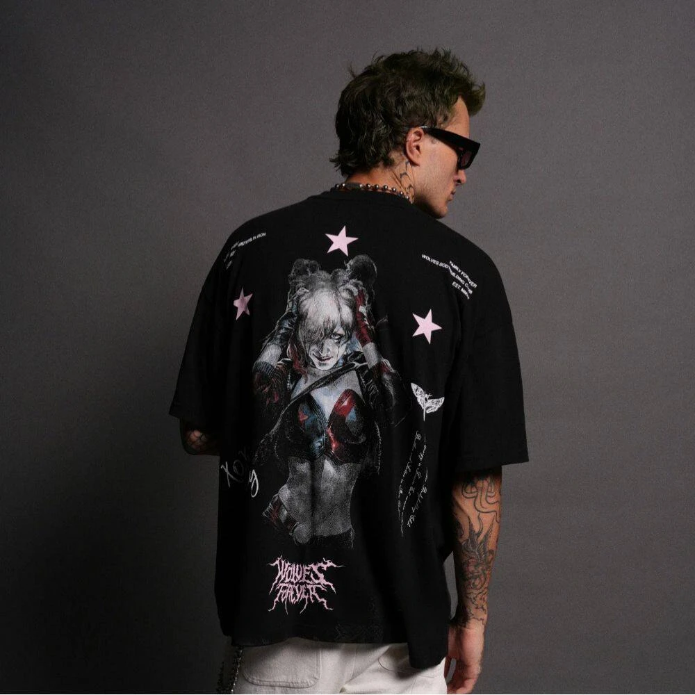 Wolf Head Short-Sleeved Men's and Women's American Style Sporty Casual Loose-Weave Printed Round-neck Cotton T-Shirt
