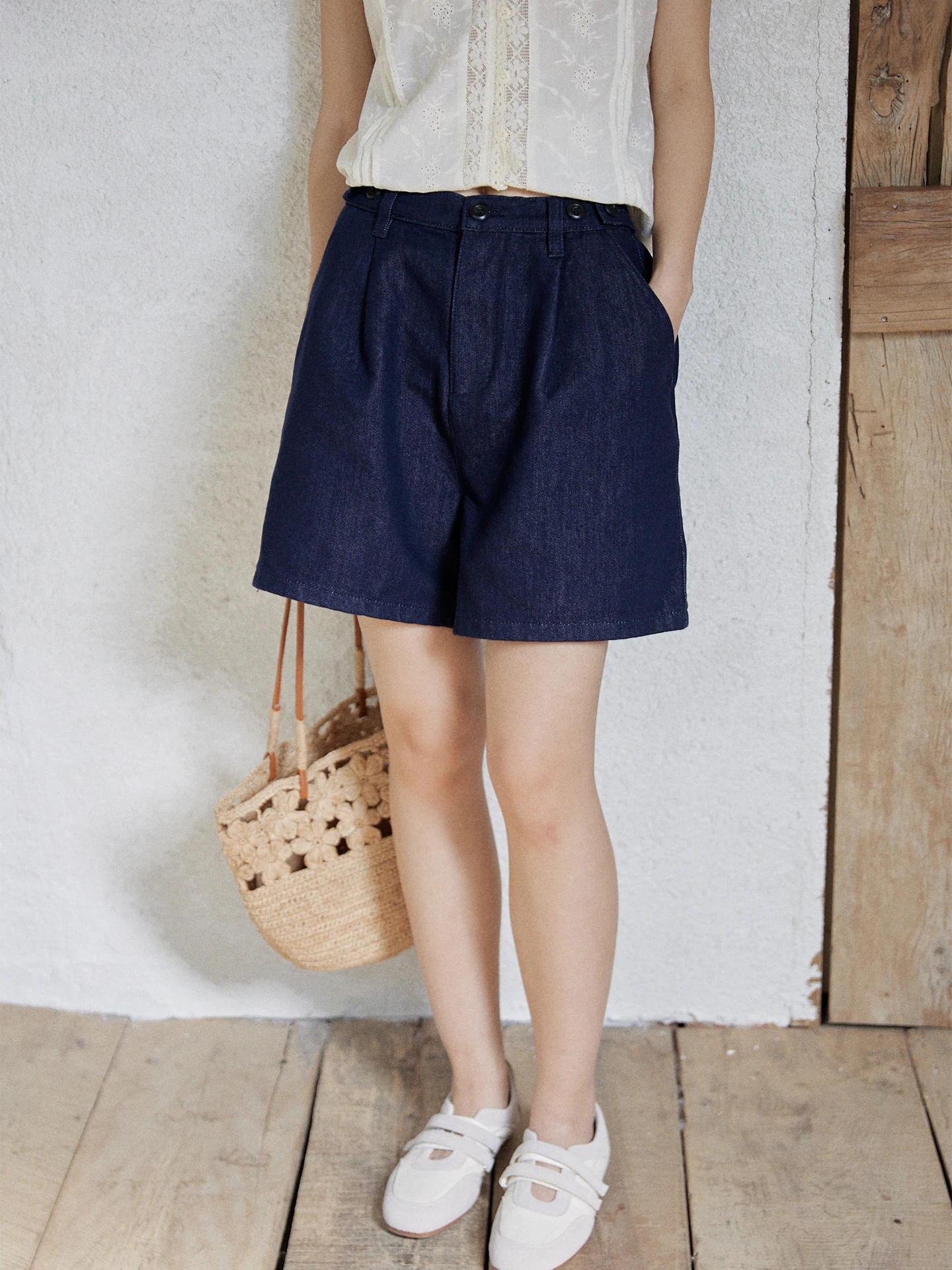 

High Waist Deep Blue Denim Short Pants Women's Summer Loose Straight Casual Cotton Blend Zipper Closure Color Shorts