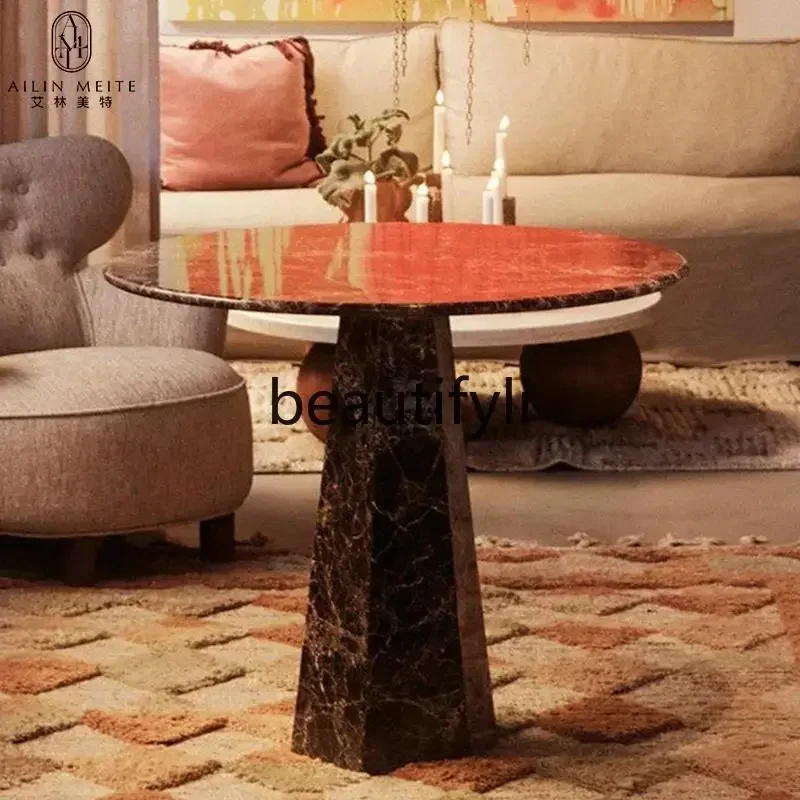 

Italian minimalist natural marble designer dining table high-end round table luxury stone dining table