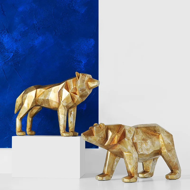 Resin Handicraft Animal Sculpture Golden Bear Wolf Geometric Abstract Decorative Figurines Home Decoration Accessories