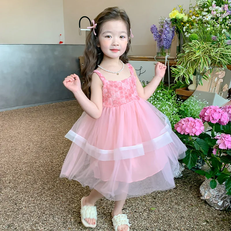 

2024 new summer girl three-dimensional flower suspender dress comfortable and breathable foreign girl shopping princess dress