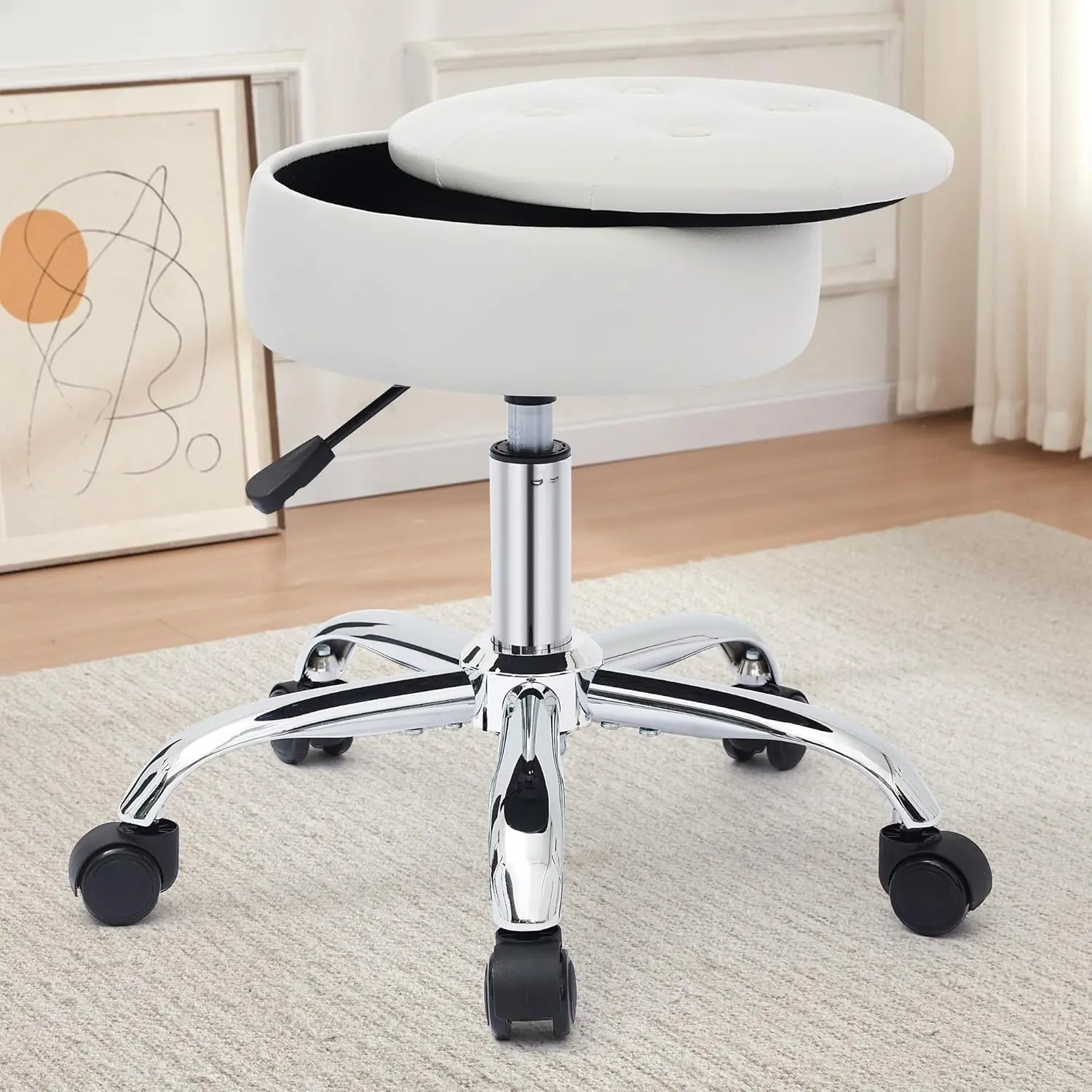 

Swivel Vanity Stool Chair For Makeup Room, Rolling Stools With Wheels, Round Rolling Stool With Storage, Desk Stool With