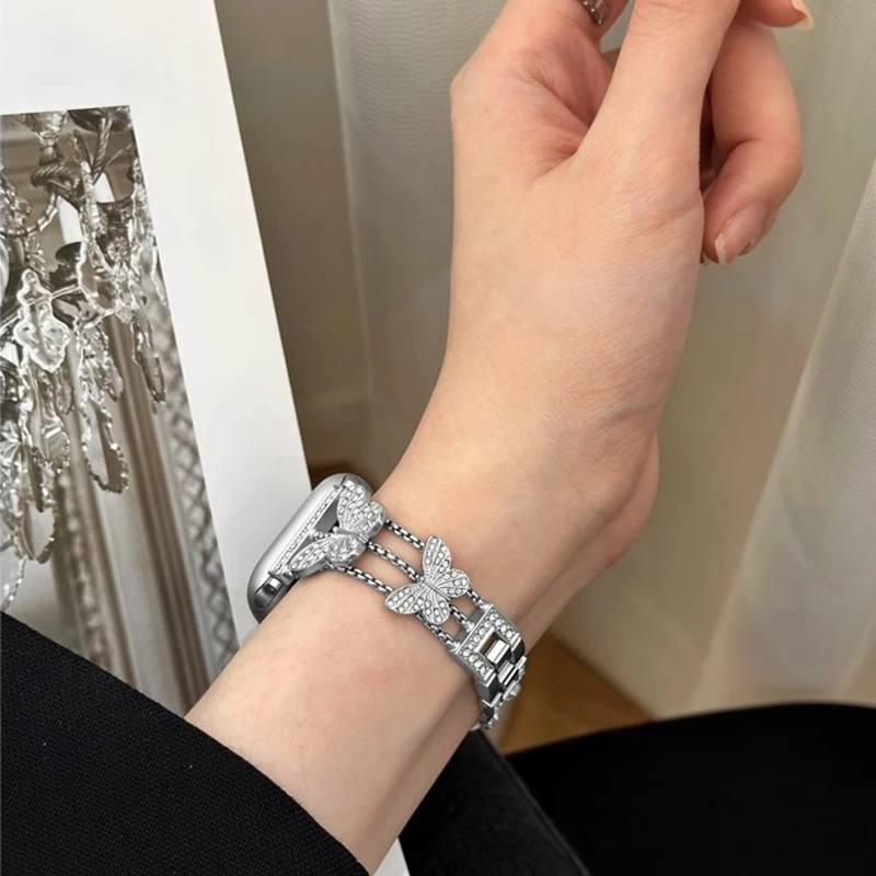 Correa elegante de mariposa con diamantes para Apple Watch Band 42mm 46 38 40 44 41 45 49mm pulsera de mujer iWatch Series Ultra 10 9 8 7 6