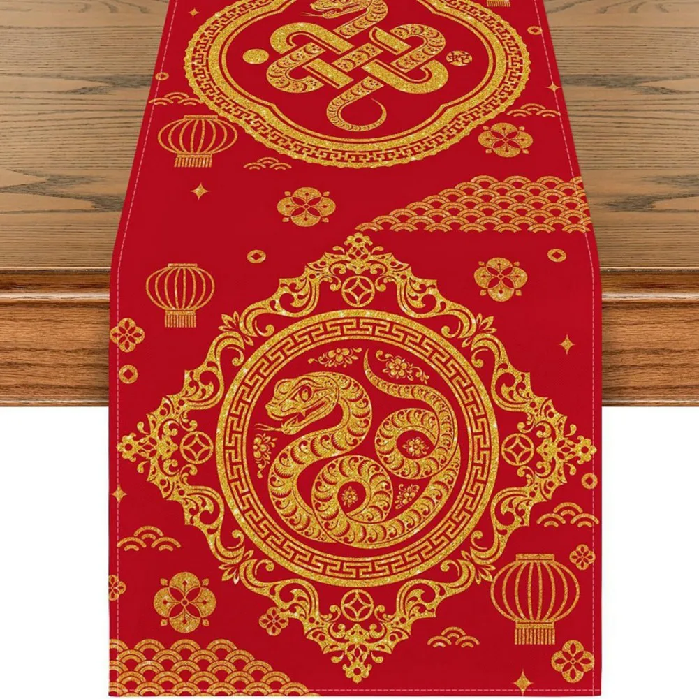 Chinese New Year Snake Zodiac Linen Table Runner Happy New Year's Day Decorations For Home Spring Festival Supplies Table Flag