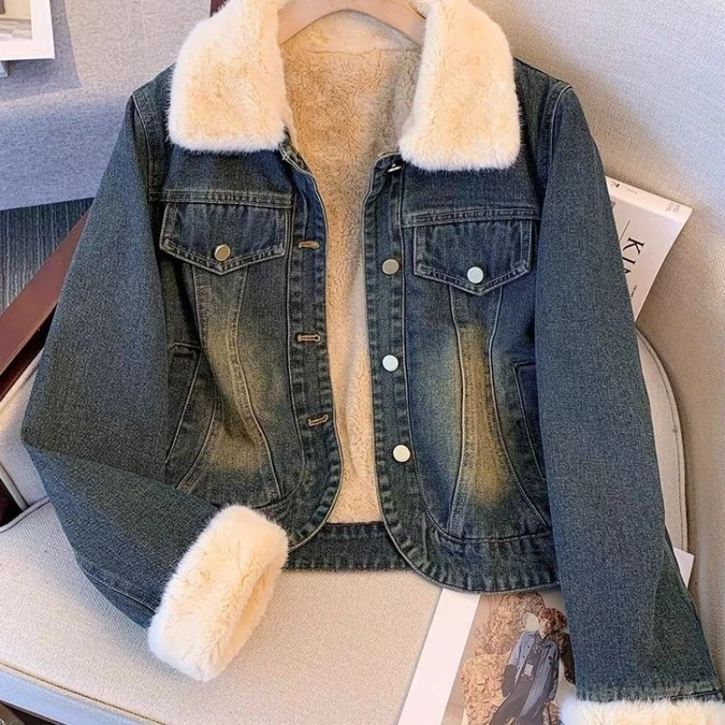 

Short Cowboy Loose Women New Coats Winter Add Velvet Popular Young Style Solid Panelled All-match England Casual Denim Jacket