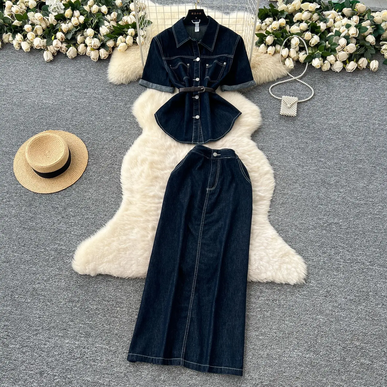 프렌치 라이트 성숙한 스타일의 스트랩 허리 짧은 소매 데님 탑 여성용 하이웨이스트 스플릿 힙 스커트 여름 투피스 세트