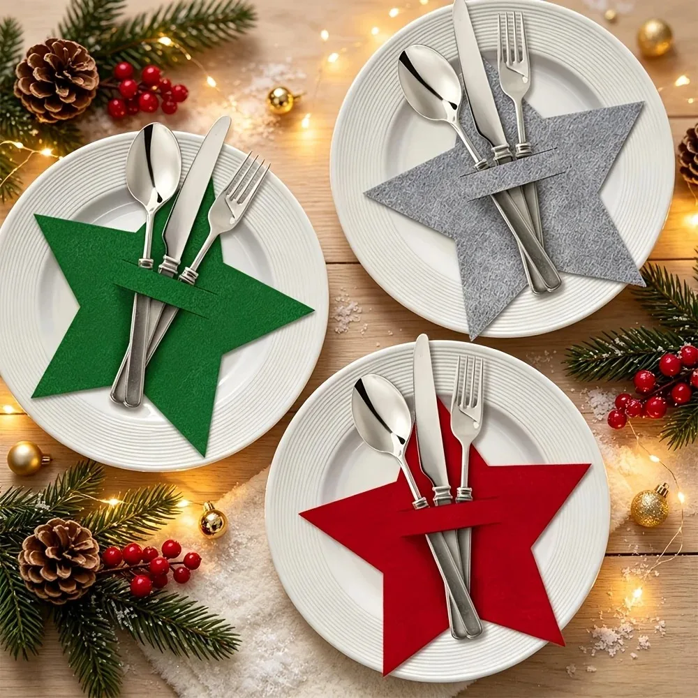 12PCS Christmas Felt Red Five Pointed Star Green Five Pointed Star Knife and Fork Pad Gray Star Tableware Knife and Fork Pad