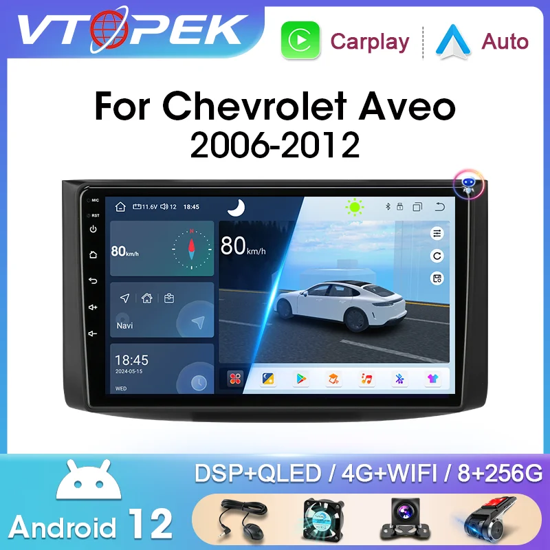 Vtopek 2 Din Android 12 4G WiFi Autoradio Per Chevrolet Aveo 2006 - 2012 Lettore Video Multimediale Carplay Android Auto DSP RDS BT