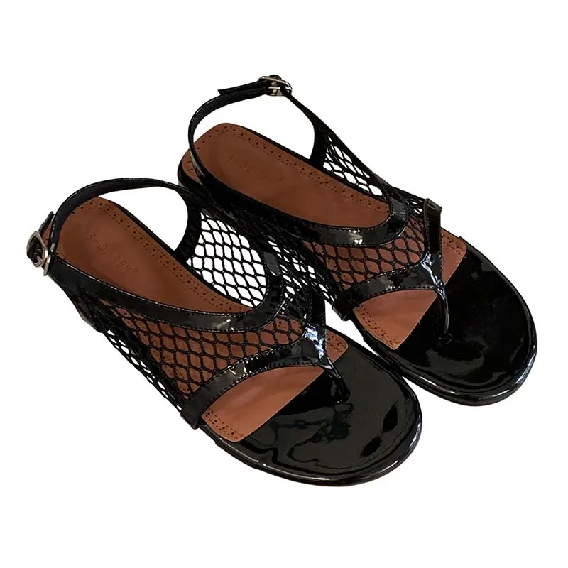 

White Flat Sandals Flip Flop Summer Mesh Round Toe Shoes Black Slingback Sandals For Ladies 2026 Casual Flats Woman Shoes