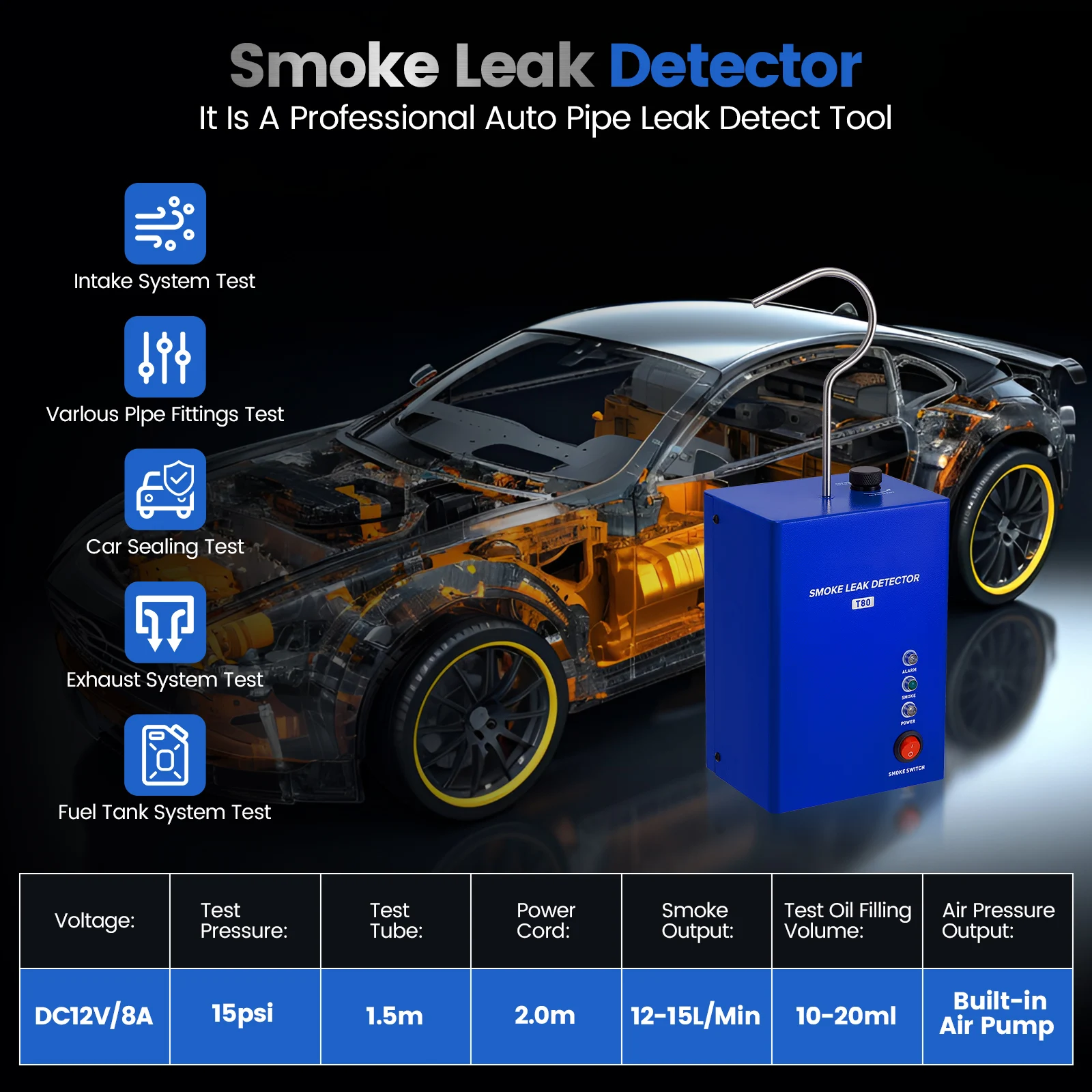 Automotive Smoke Machine Leak Detector with Built-in Air Pump EVAP Vacuum Smoke Diagnostic Tester for 12V Car, Motorcycle, Boat
