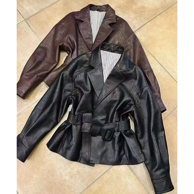 新しい本物のシープスキンジャケット秋冬女性輸入羊バブルレザーコーヒーラペルベルトウエスト閉鎖スリムショートコート