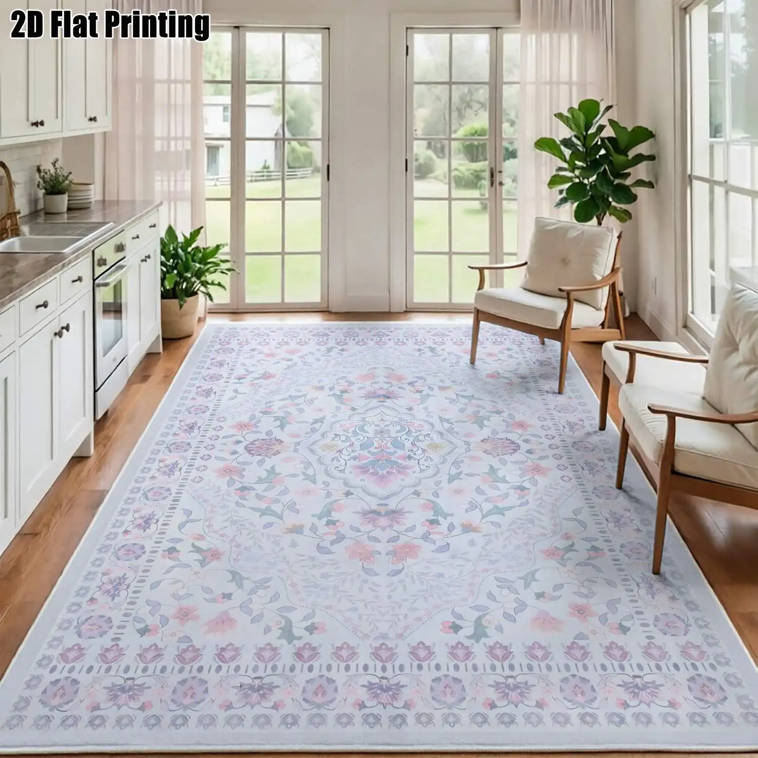 1Pc 2D Printed Pink Floral Velvet Carpet: European, Bohemian, Geometric, Vintage Styles, Machine Washable, Multi-Size, for Home Decor, Multi-Scenario Use