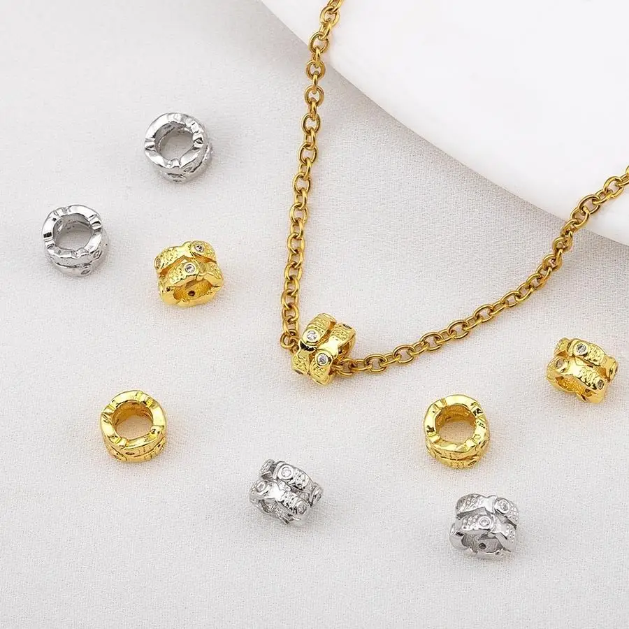 1/5/10/20/50/100pcs copper spacer beads with micro-embedded synthetic cubic zirconia, large-hole, color-fast; wheel beads; loose