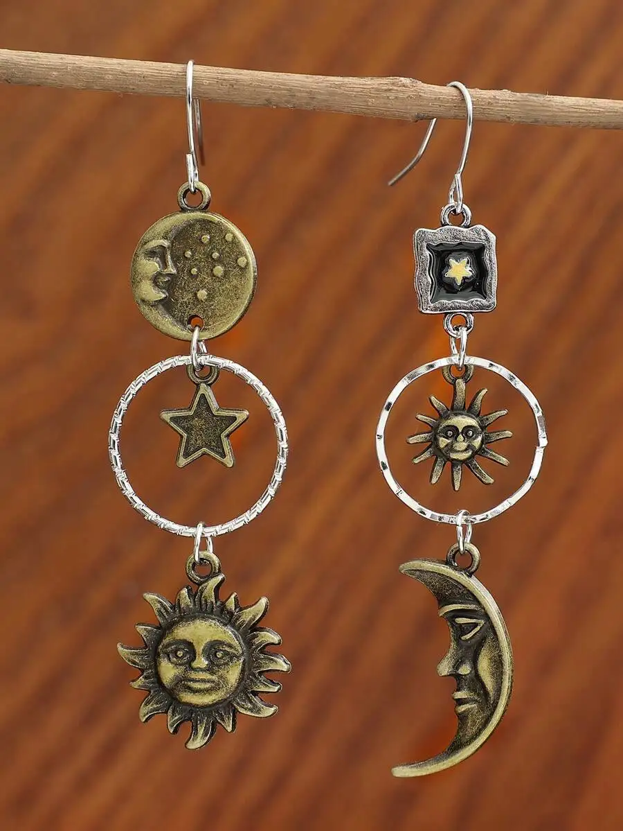 Retro Moon Sun Long Pendant Earrings for Men Creative Fashion Jewelry Pair