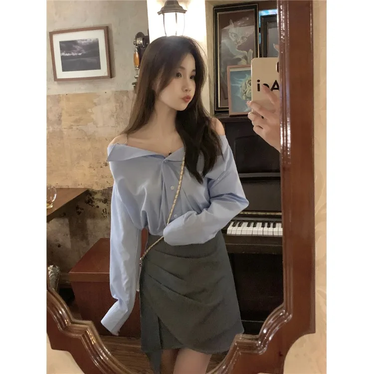 

Slimming Chic Shoulder Bared Korean Style Shirt And Short Skirt Two Piece Set for Women Spring Fashion Casual High Waist
