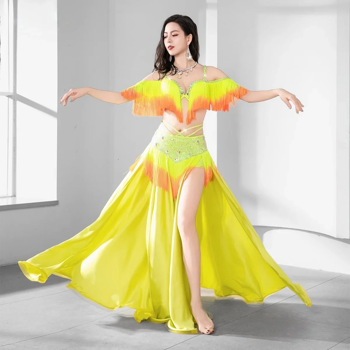 ラインストーンビーズブラジャーベルトマキシスカートグループダンス競技衣装ポップソング女性オリエンタルダンスエジプトベリーダンス衣装