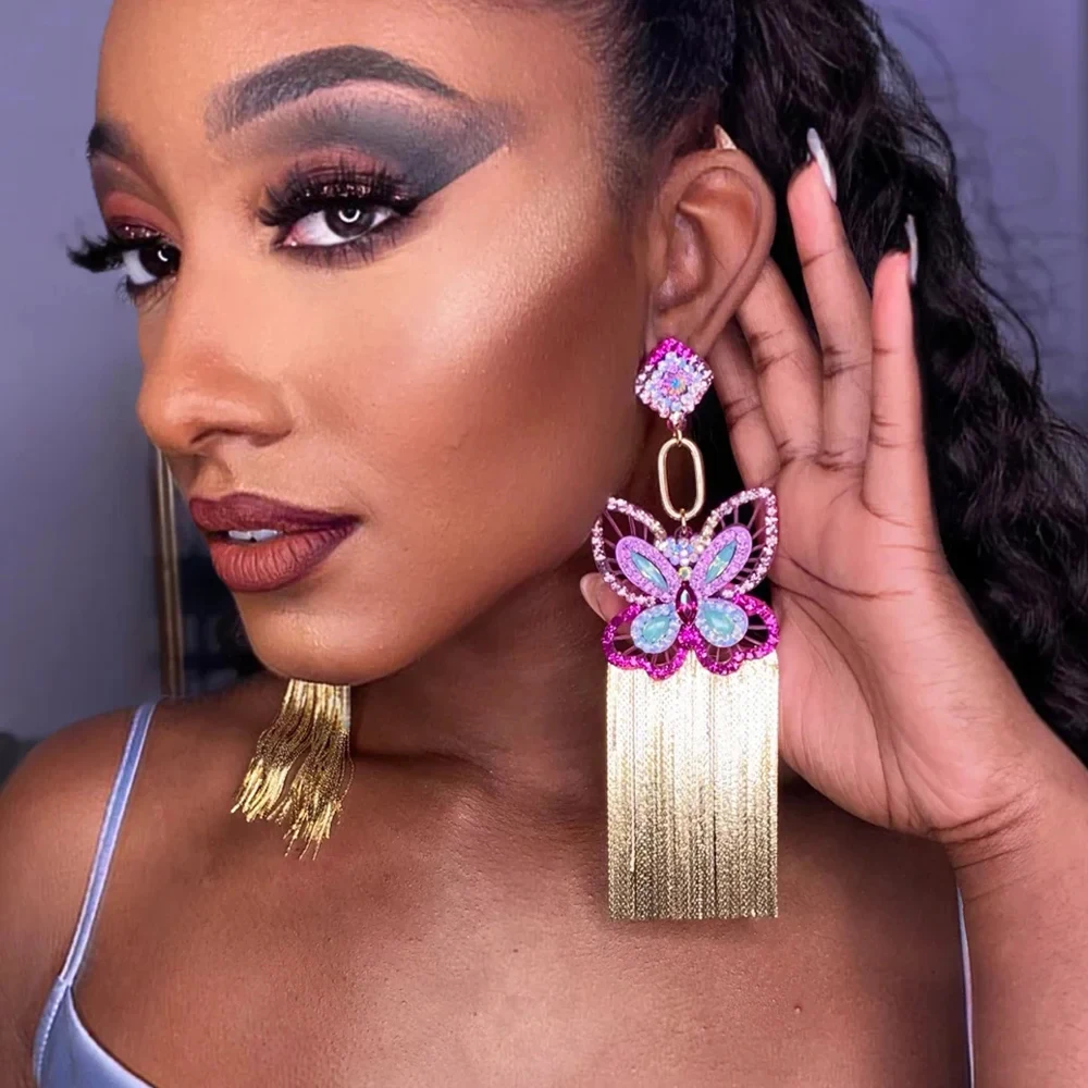 Shiny Purple Butterfly Tassel Earrings Y2k Elegant for Women Crystal Pendant Earrings Charms Jewelry Luxury Designer Tending